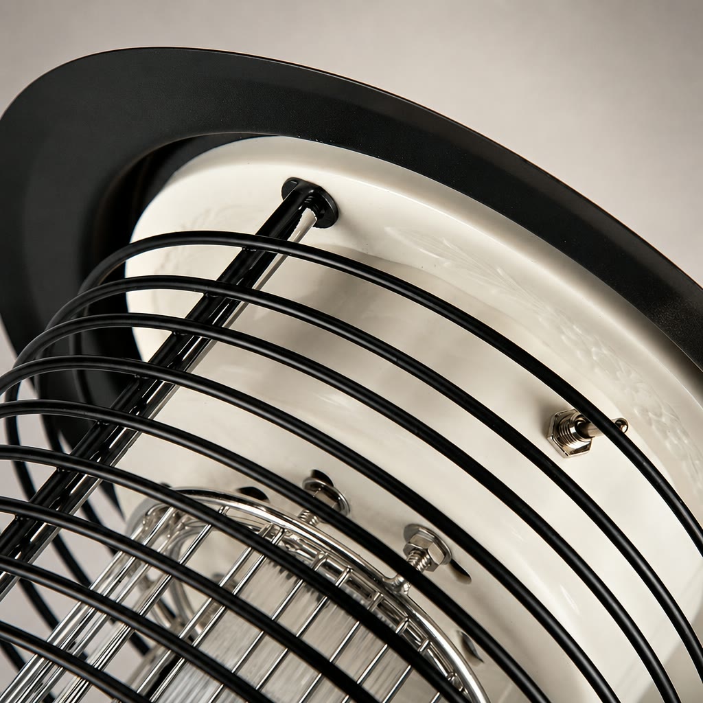 Close-up of a black wire fan grille over a cream metal motor housing.