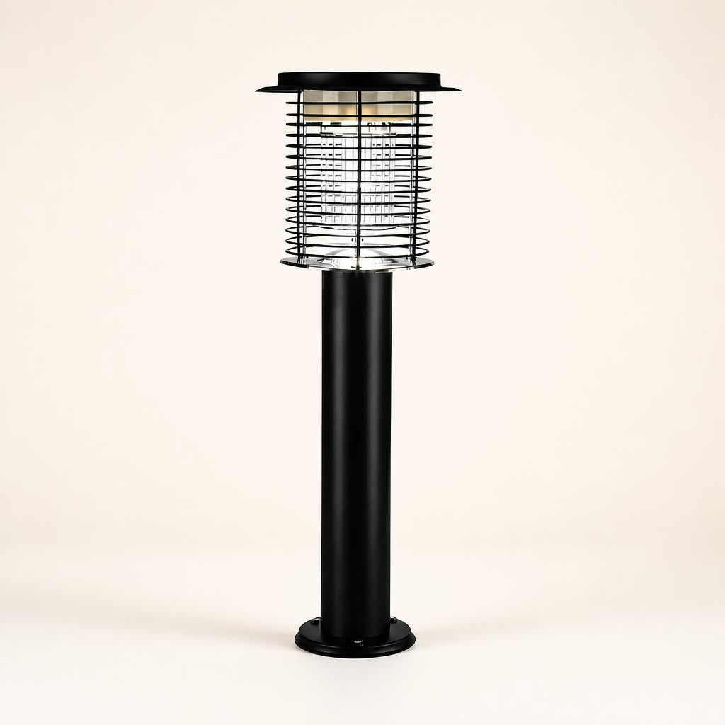 Black outdoor post lantern with a clear caged lamp head and round base.