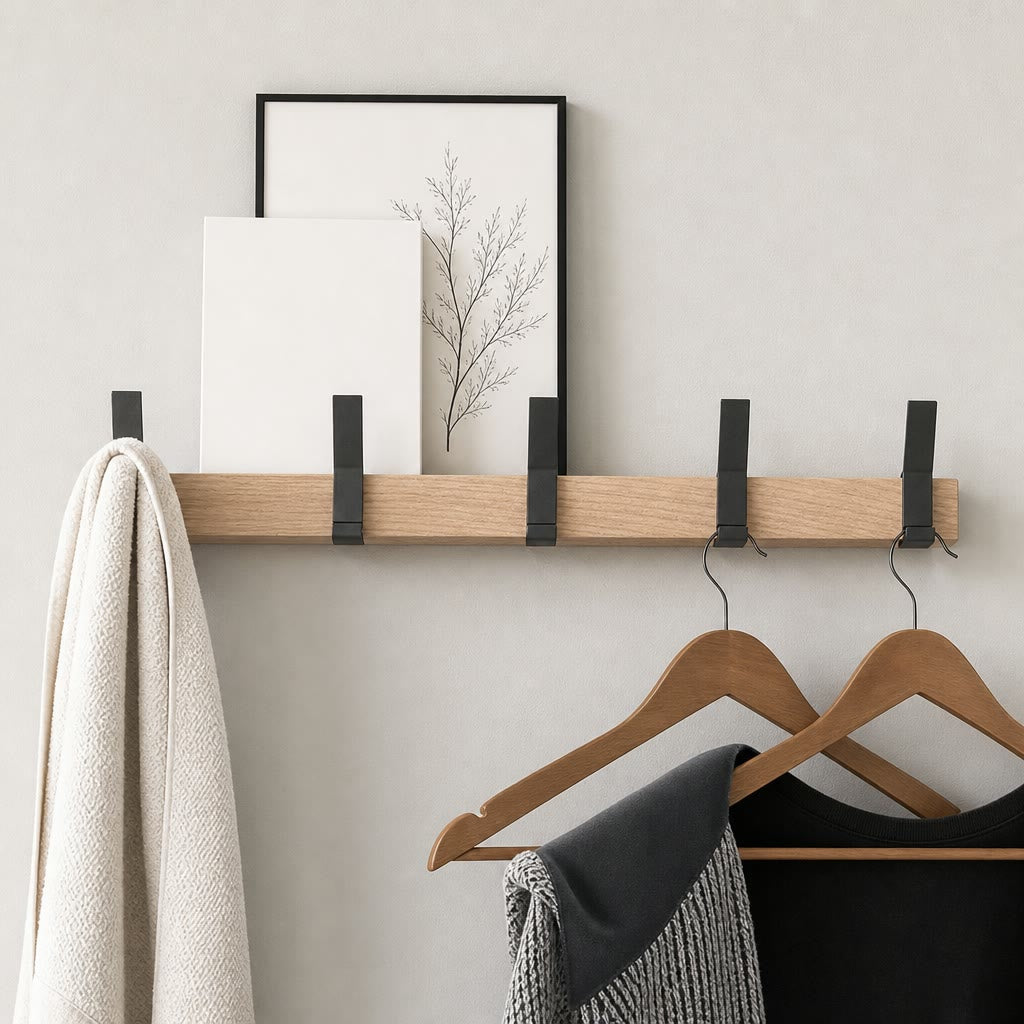 Wooden wall shelf coat rack with black hooks, framed prints, towel, and wooden hangers.