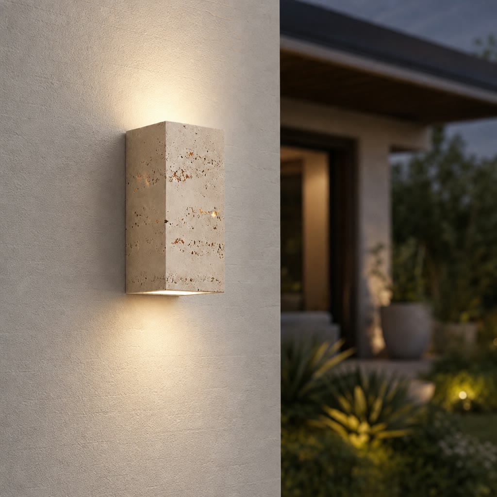 Rectangular beige stone wall light casting warm up and down illumination on an exterior wall.