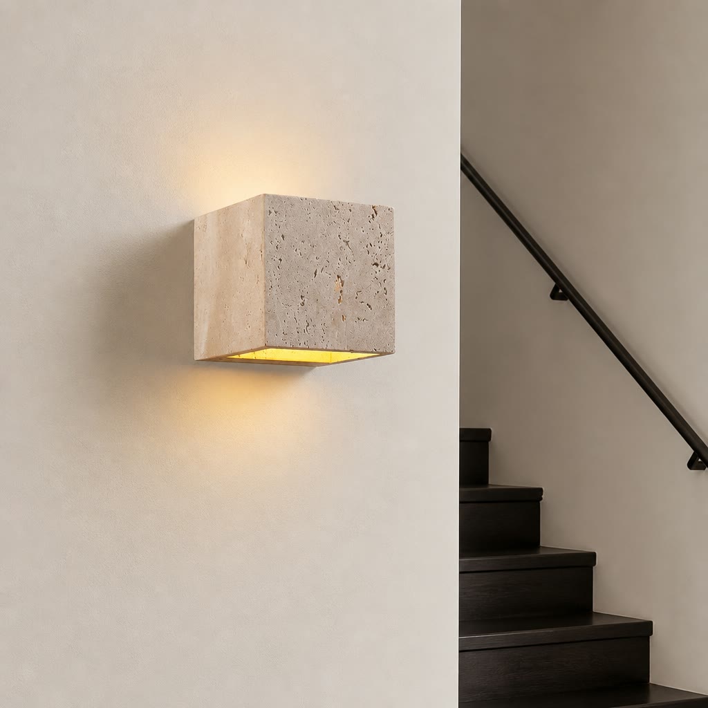 Beige cube stone wall sconce glowing warmly beside a dark staircase.
