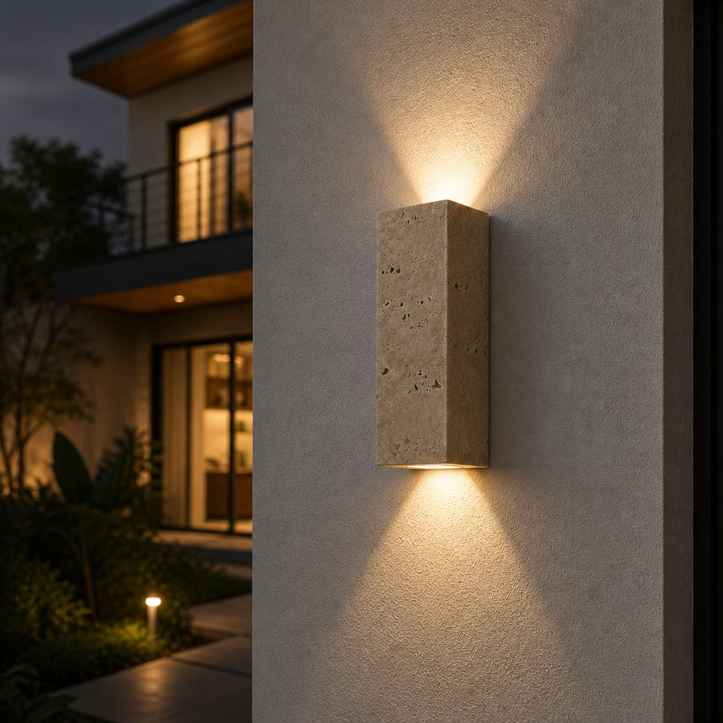 Rectangular stone wall sconce casts warm light on an exterior stucco wall.