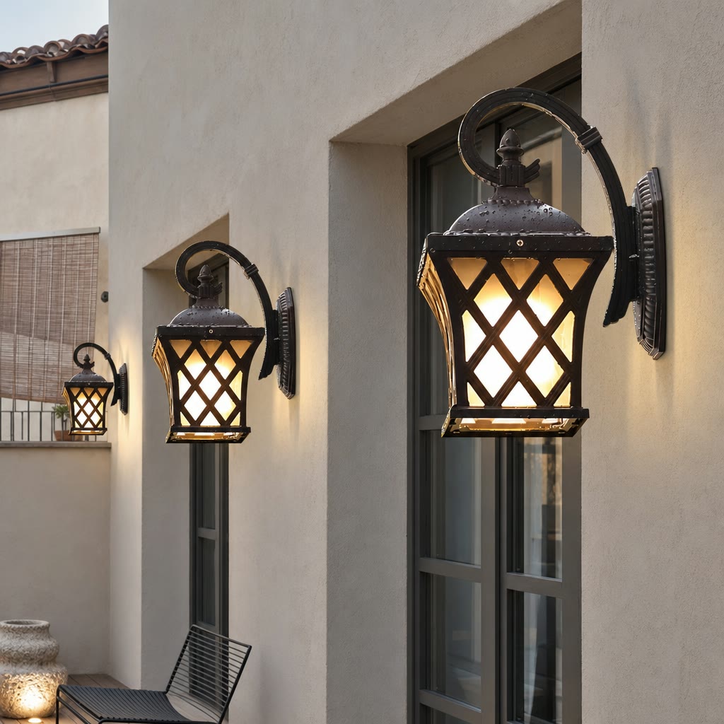 Black metal wall lanterns with warm diamond-patterned glass glow along a building facade.