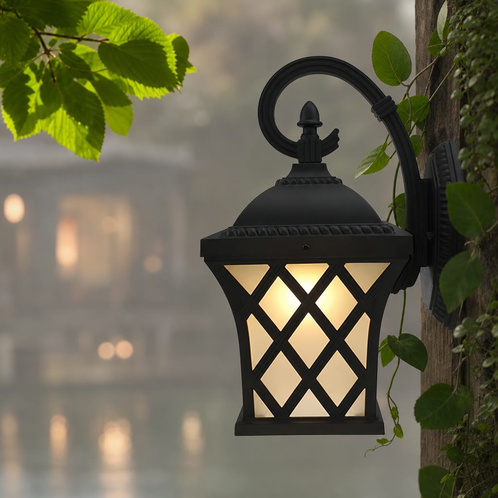 Black wall lantern with warm glowing diamond panes beside green leaves and ivy.